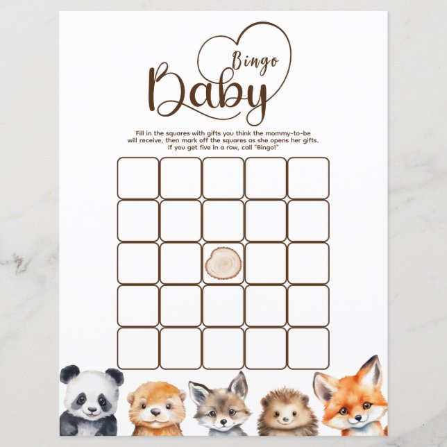 Bingo Woodland Animals Baby Shower Game (Front)