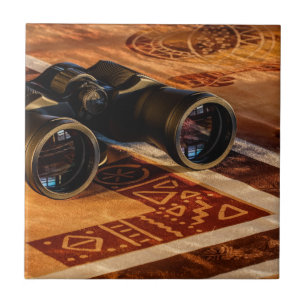 Binoculars on Egyptian-Style Rug, Explorer, Travel Ceramic Tile