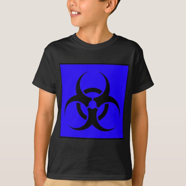 Bio Hazard or Biohazard Sign Symbol Warning Blue T-Shirt (Front)