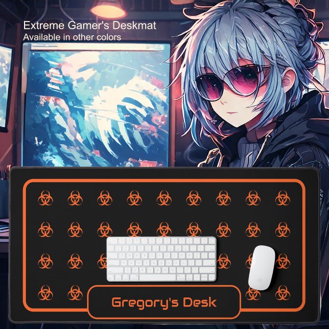 Biohazard Symbols - Orange on a Black Background Desk Mat (Biohazard Symbol - Neon Orange on Black by Office Accessories Shop)