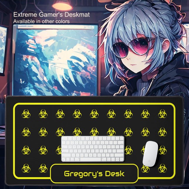 Biohazard Symbols - Yellow on a Black Background Desk Mat (Biohazard Symbol-Yellow On Black - by Office Accessories Shop)