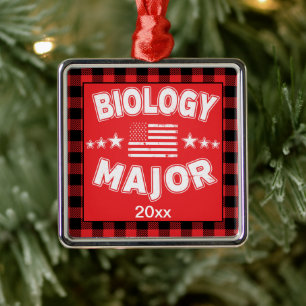 Biology College Student Red Plaid Xmas Metal Ornament