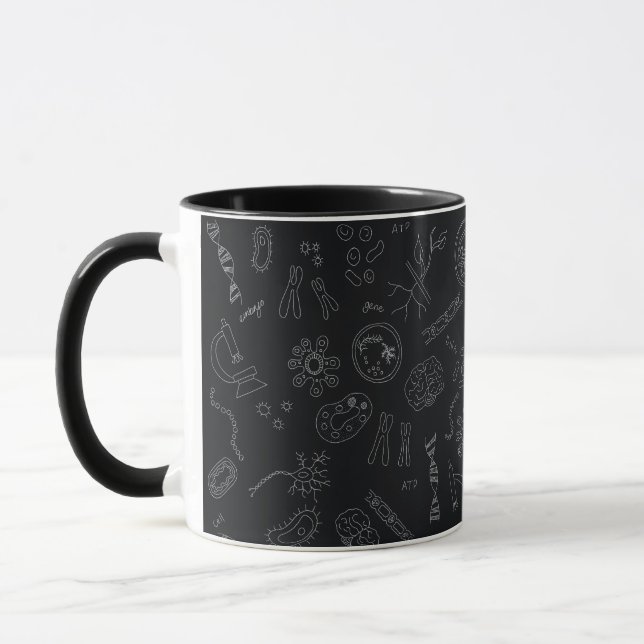 Biology diagram pattern white on black mug (Left)