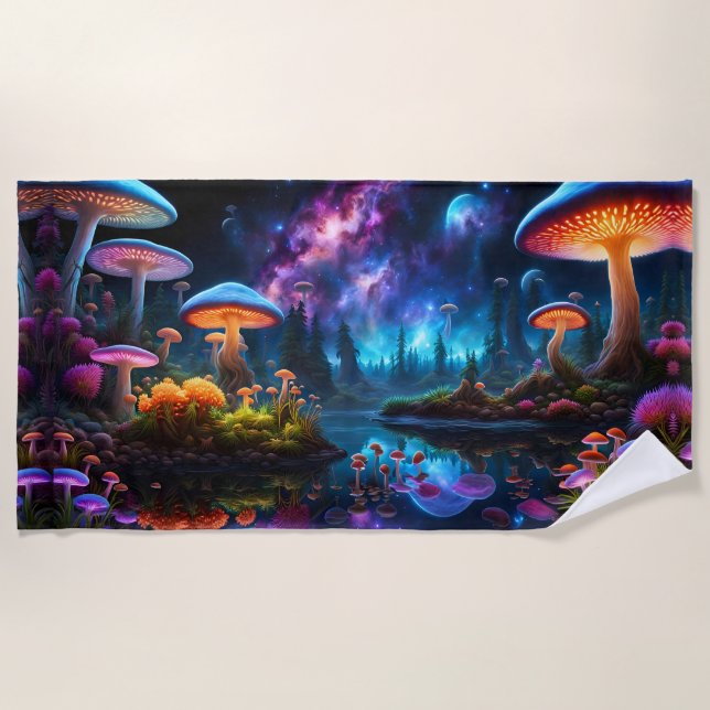 Bioluminescent Alien Mushrooms on A Distant Planet Beach Towel (Front)