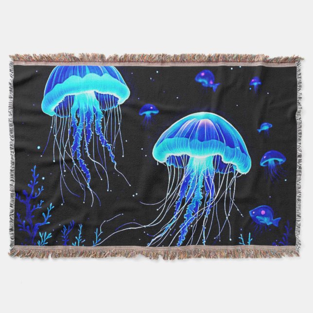 Bioluminescent Jellyfish Dream Throw Blanket (Front)