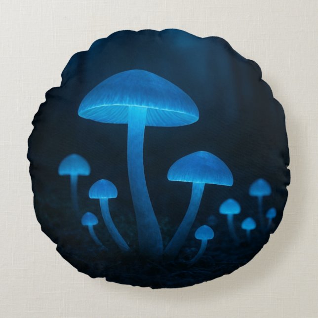 Bioluminescent Mushroom Forest Round Cushion (Front)