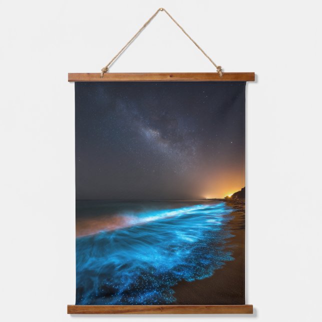 Bioluminescent Night Ocean Shore Tapestry (Front)