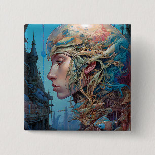 Biomechanical Head Surreal Sci-Fi Art 15 Cm Square Badge