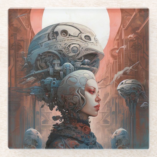 Biomechanical Head Surreal Sci-Fi Art Glass Coaster (Front)