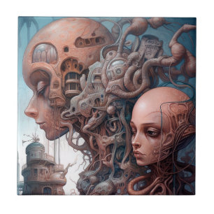 Biomechanical Heads Surreal Sci-Fi Art Ceramic Tile