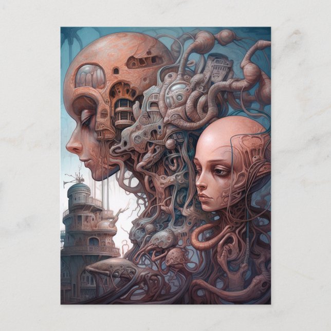Biomechanical Heads Surreal Sci-Fi Art Postcard (Front)