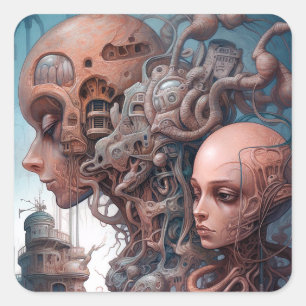 Biomechanical Heads Surreal Sci-Fi Art Square Sticker