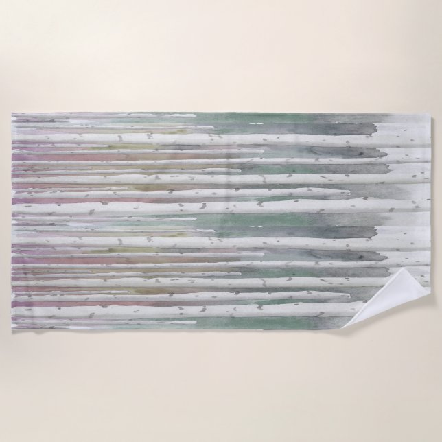 Biophilic handpainted muted birch watercolor wood beach towel (Front)