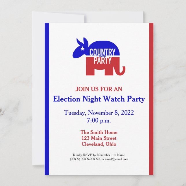 Bipartisan Election Night Watch Party Invitation (Front)
