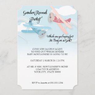 Biplane Aeroplane Baby Gender Reveal Party Invites