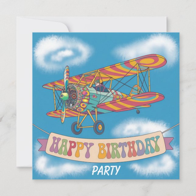 Biplane flying over happy birthday banner invitation (Front)