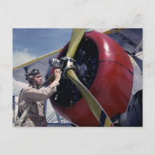 Biplane Pre-Flight Check, 1940s Postcard