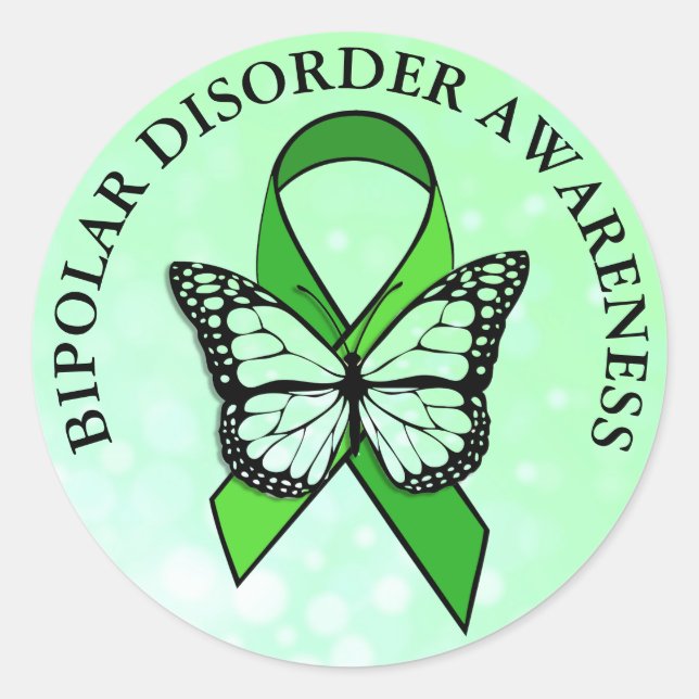 Bipolar Disorder Awareness Butterfly Ribbon Classic Round Sticker (Front)