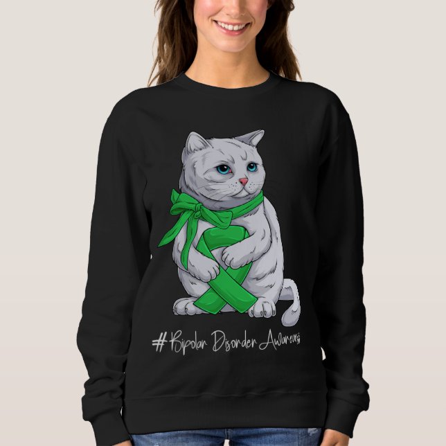 Bipolar Disorder Awareness Month Green Ribbon Cat Sweatshirt (Front)
