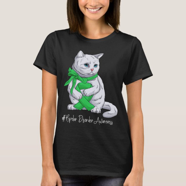 Bipolar Disorder Awareness Month Green Ribbon Cat T-Shirt (Front)