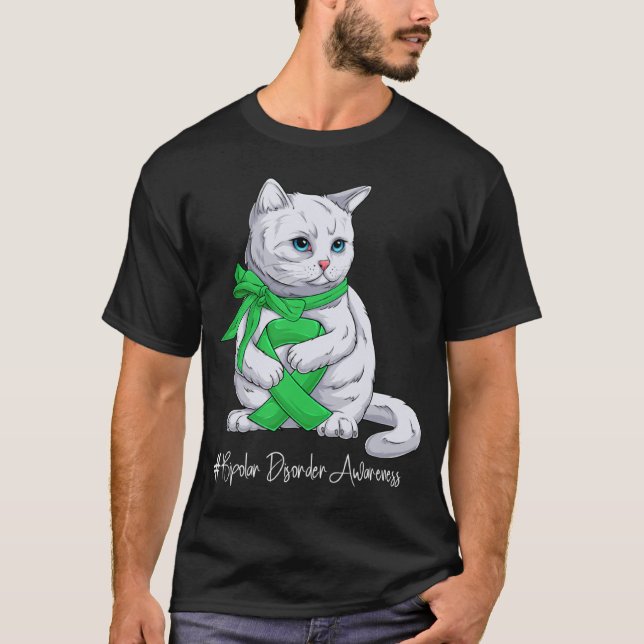 Bipolar Disorder Awareness Month Green Ribbon Cat T-Shirt (Front)