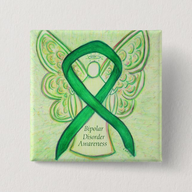 Bipolar Disorder Green Awarness Ribbon Angel Pin (Front)