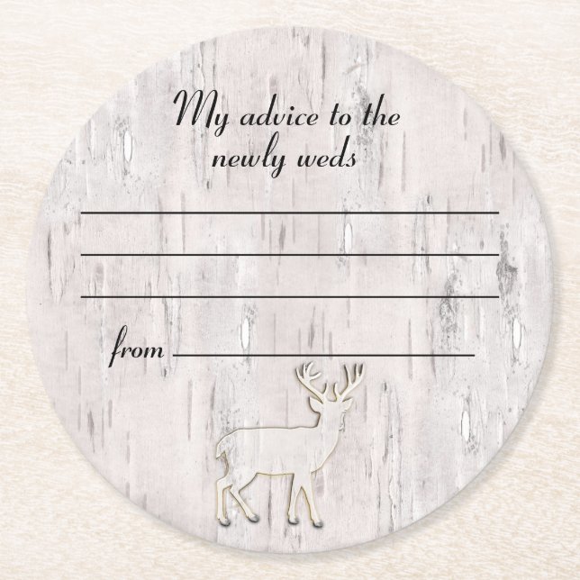 Birch Bark and Deer Wedding Advice Round Paper Coaster (Front)