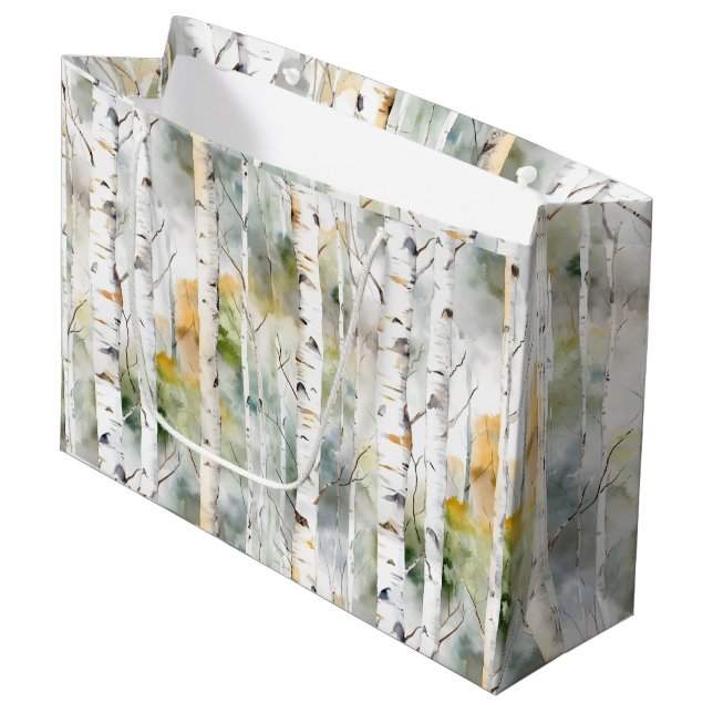 Birch bark green watercolor  large gift bag (Front Angled)