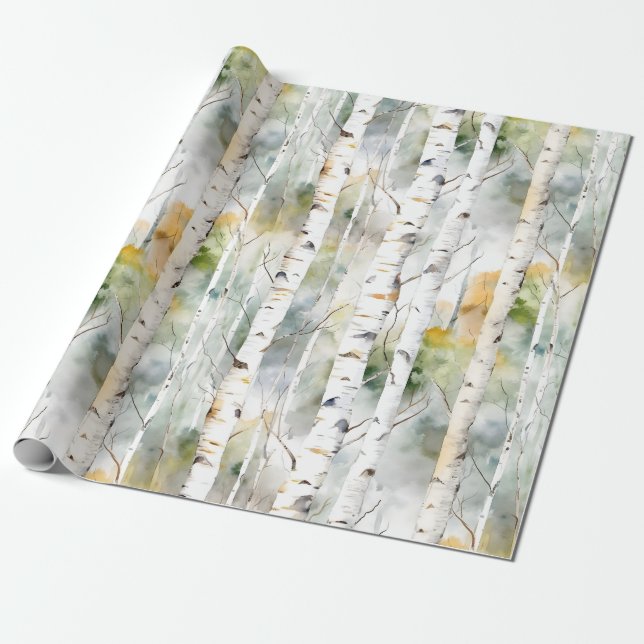 Birch bark green watercolor wrapping paper (Unrolled)