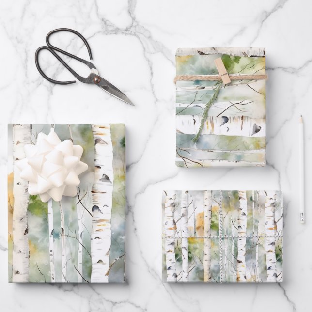 Birch bark green watercolor  wrapping paper sheet (Front)