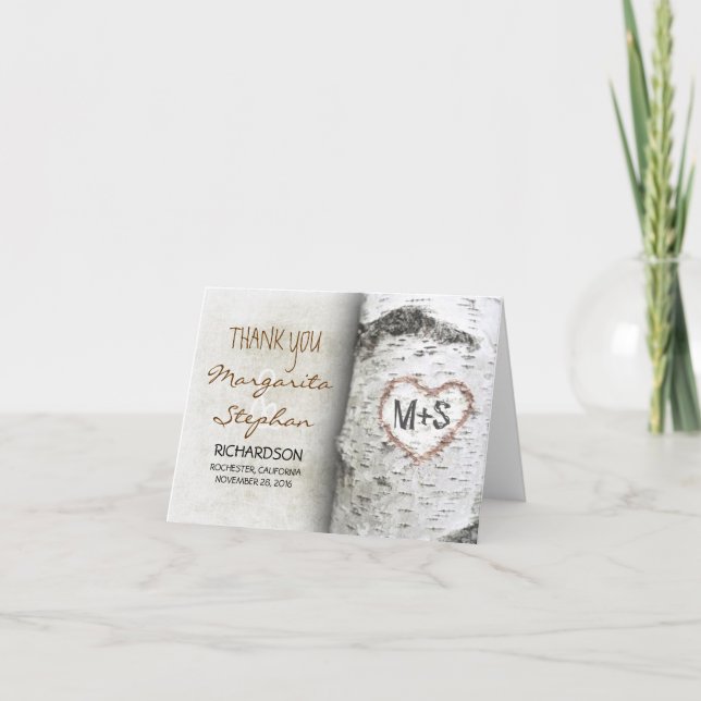 Birch Bark Heart - Rustic Tree Wedding Thank You Card (Front)