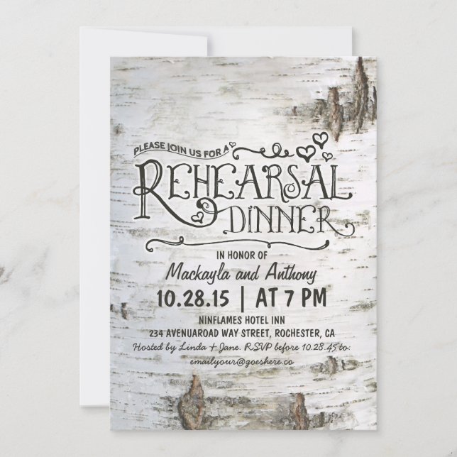 birch bark rustic country rehearsal dinner invite (Front)