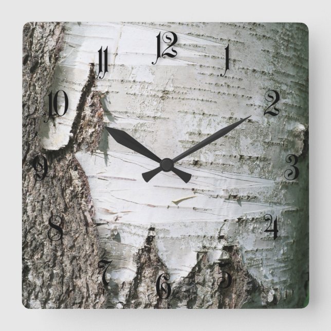 Birch bark square wall clock (Front)