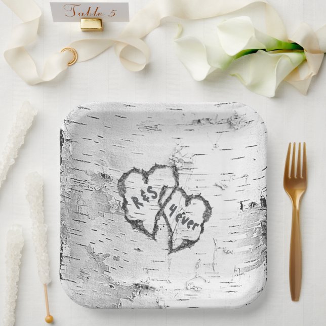 Birch Bark Tree Hearts Initials Paper Plate (Wedding)