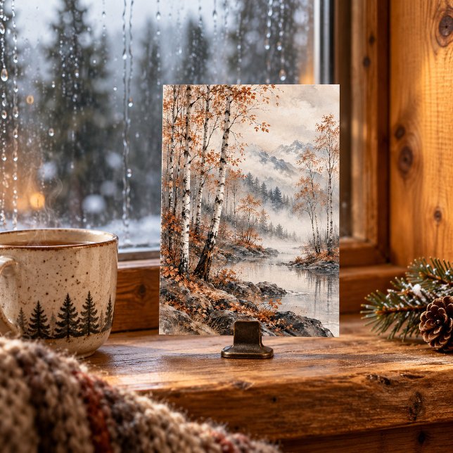 Birch Between Seasons Art Print (Styled preview of the 4 x 6 inch unframed Standard Semi-Gloss paper print. The landscape and painterly texture are flat printed artwork. Photo clip, cup and other decorative accessories are not included.)
