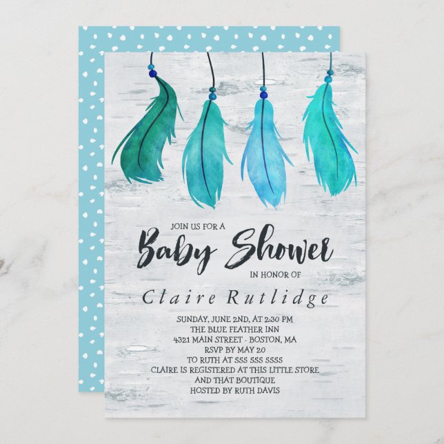 Birch & Blue Feathers Baby Shower Invitation (Front/Back)