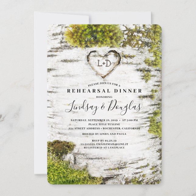 Birch Carved Heart Rustic Fall Rehearsal Dinner Invitation (Front)