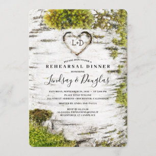 Birch Carved Heart Rustic Fall Rehearsal Dinner Invitation