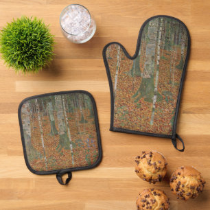 Birch Forest by Gustav Klimt, Vintage Art Nouveau Oven Mitt & Pot Holder Set