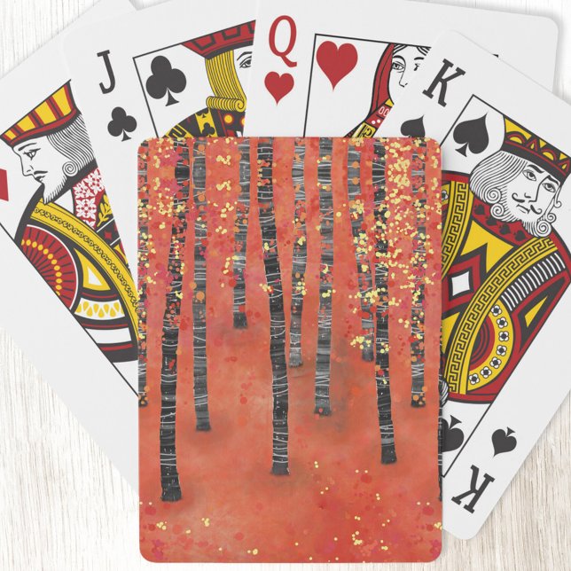 Birch Forest Landscape Playing Cards (Birch aspen tree forest abstract red art playing cards)