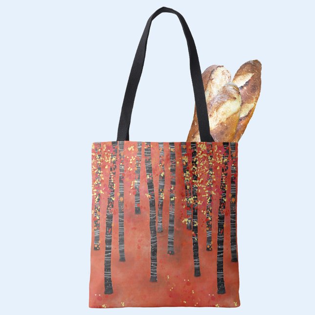 Birch Forest Landscape Tote Bag (Birch Aspen tree forest abstract red art tote bag)
