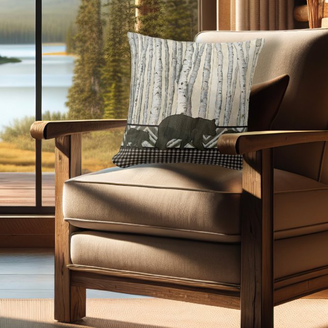 Birch forest Lodge Bear Cub Lumberjack Plaid Check Cushion (Creator Uploaded)