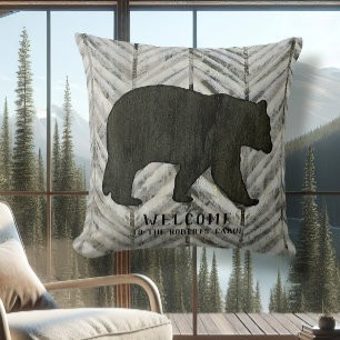 Birch Forest Lodge Black Bear Chevron Welcome Sign Cushion