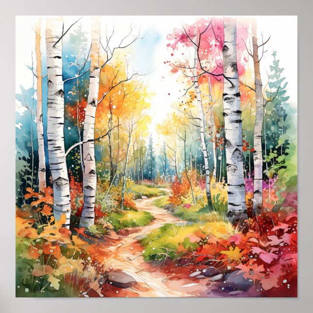 Birch Forest Vivid Colours Painting Poster (Front)