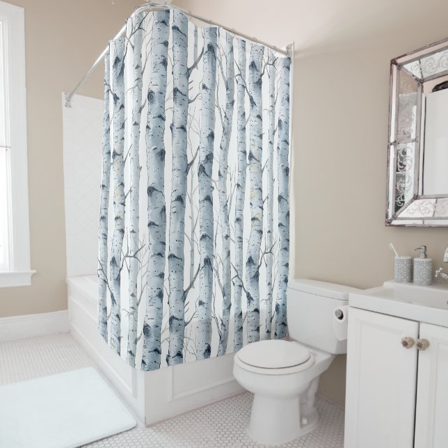 Birch grey white pattern shower curtain (In Situ)