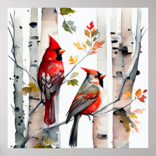 Birch Tree and Cardinals Poster