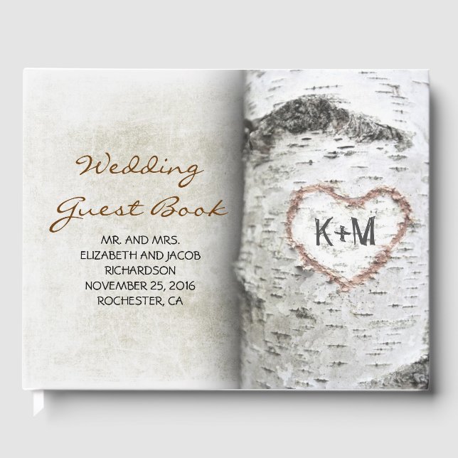 Birch Tree and Carved Heart Rustic Wedding Guest Book (Front)