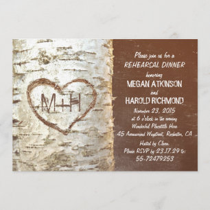 Birch tree bark heart rustic rehearsal dinner invitation