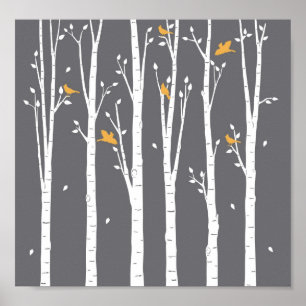 Birch tree birds poster