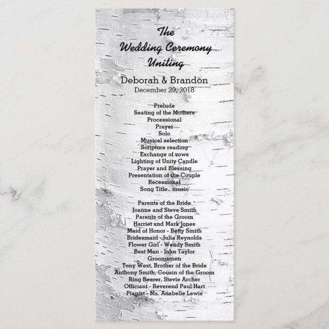 Birch Tree Black and White Tall Wedding Program (Front)